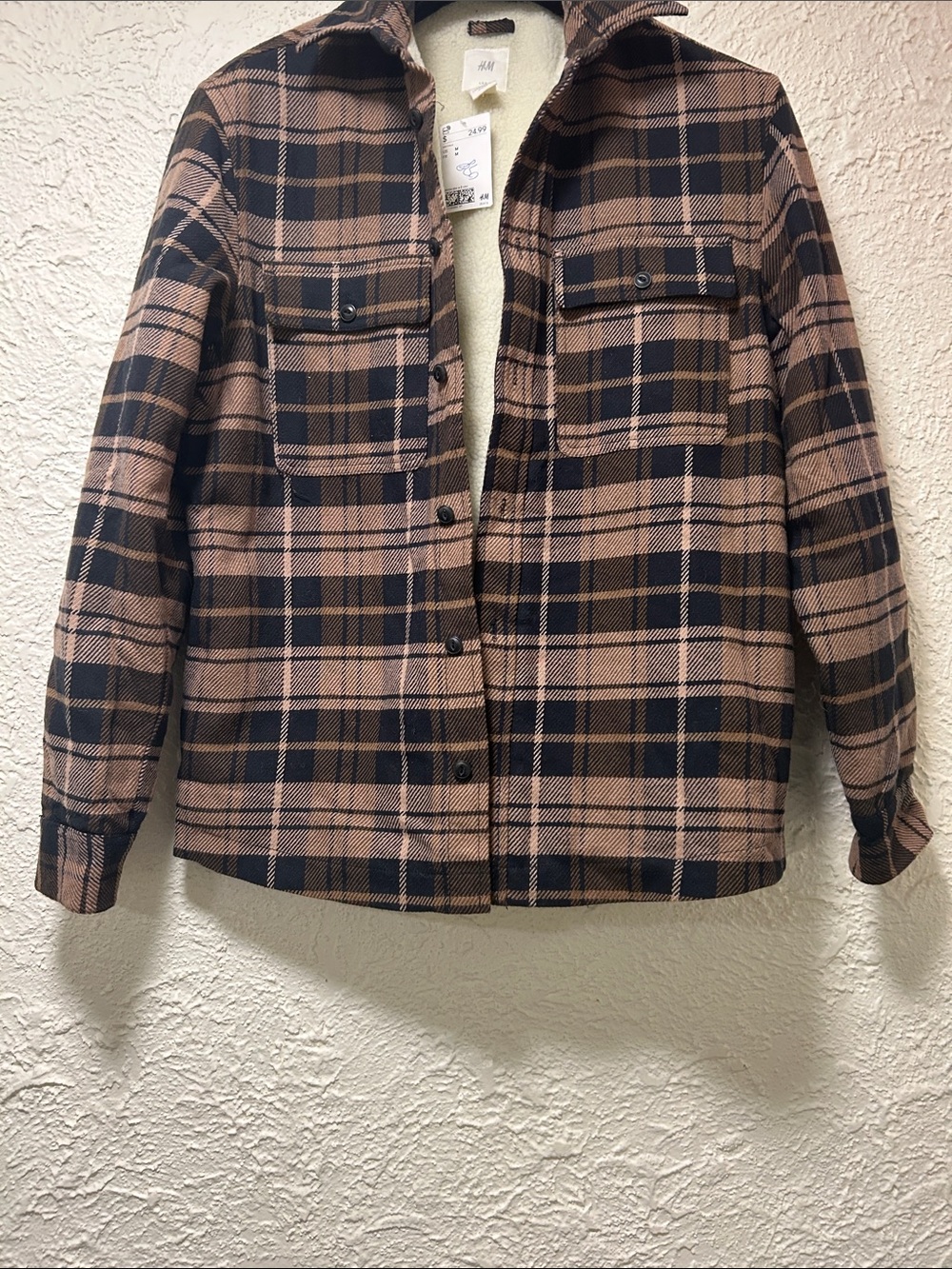 H&M Men’s Brown & Black Plaid Sherpa-Lined Jacket Size Medium BRAND NEW W/TAG